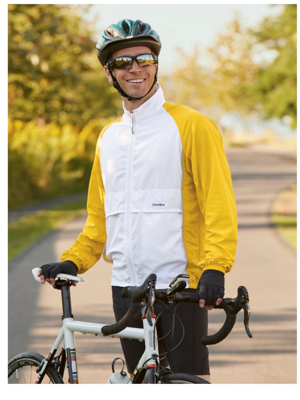 SolUmbra bike White Jacket with Yellow Logo Accent